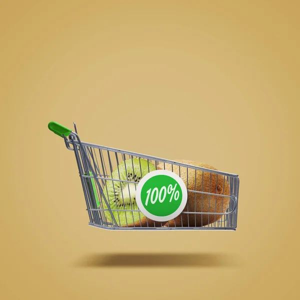 Flying Shopping Cart Fresh Kiwis Organic Fruit Grocery Shopping Concept — Stockfoto