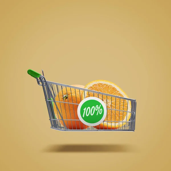 Flygande Kundvagn Med Färska Apelsiner Ekologisk Frukt Och Matvaror Shopping — Stockfoto