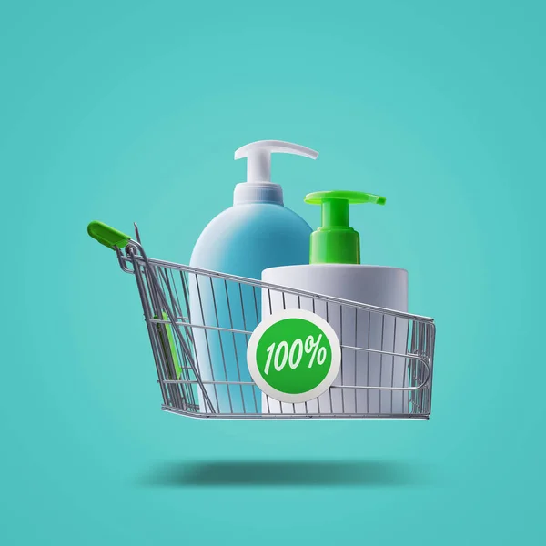 Body wash and detergent bottles in a shopping cart, body care and shopping concept