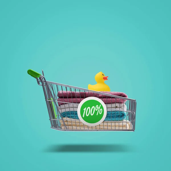 Colorful Bath Towels Rubber Duck Flying Shopping Cart Household Items — Stock Fotó