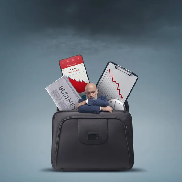 Stressed Sad Businessman Financial Graphs Showing Loss Briefcase Financial Failure — Stok fotoğraf