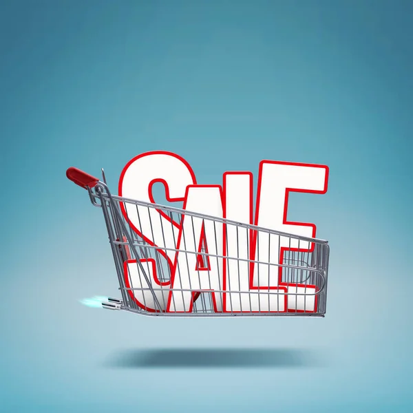 Fast Rocket Propelled Shopping Cart Flying Sale Word Supermarket Sales — Stock Photo, Image
