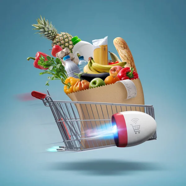 Fast rocket-propelled shopping cart flying and delivering fresh groceries, online grocery shopping and express delivery concept
