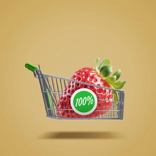 Flying shopping cart with big fresh strawberry, organic fruit and grocery shopping concept, copy space