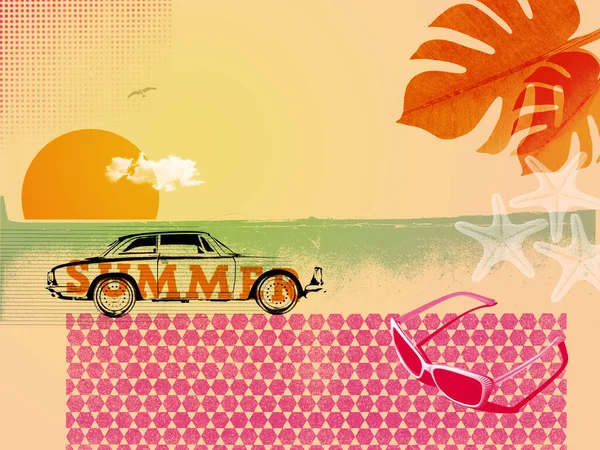 Summer Vacations Retro Style Collage Vintage Car Beach — Stock Photo, Image