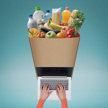 Customer typing on a laptop and ordering fresh grocery online, online grocery shopping and home delivery concept