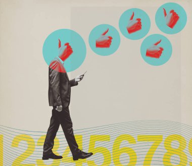 Distracted man walking and staring at social media apps on his smartphone, he has a thumbs up in place of his head, vintage style collage, copy space clipart
