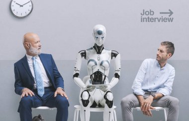 Disappointed job applicants sitting in the waiting room and staring at the AI robot candidate, they are waiting for the job interview