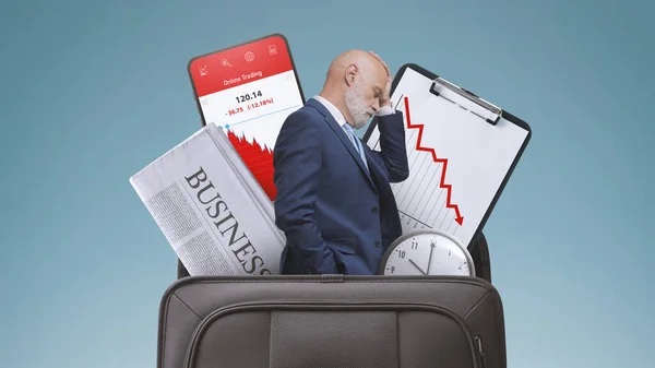 Stressed Sad Businessman Financial Graphs Showing Loss Briefcase Financial Failure — Zdjęcie stockowe