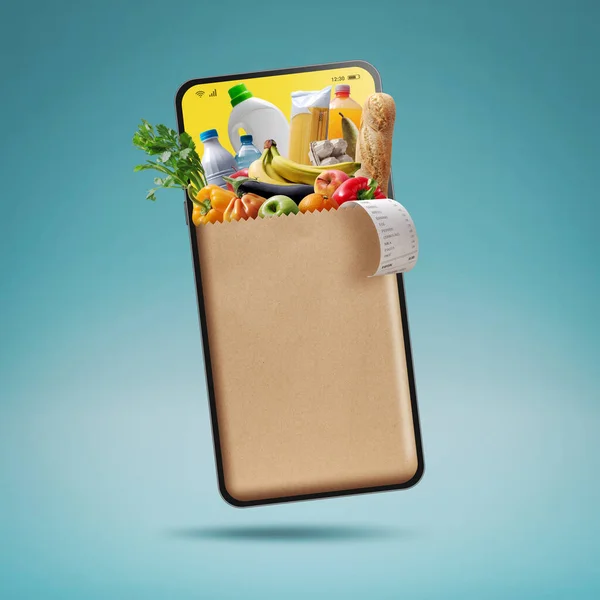 Online Lebensmitteleinkauf App Volle Einkaufstasche Und Quittung Auf Smartphone Bildschirm — Stockfoto