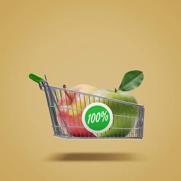 Flygande Kundvagn Med Färska Äpplen Ekologisk Frukt Och Matvaror Shopping — Stockfoto