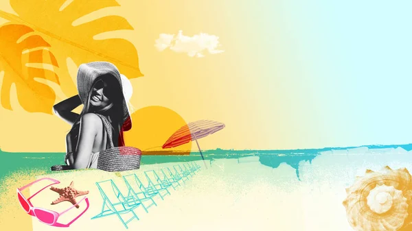 Férias Verão Praia Poster Colagem Vintage Com Belo Retrato Jovem — Fotografia de Stock
