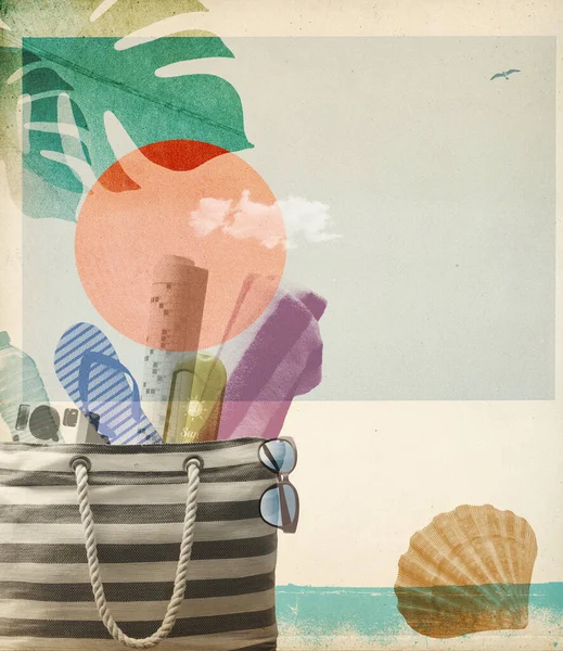 Καλοκαιρινές Διακοπές Στην Παραλία Δημιουργικό Vintage Κολάζ Τσάντα Θαλάσσης Και — Φωτογραφία Αρχείου
