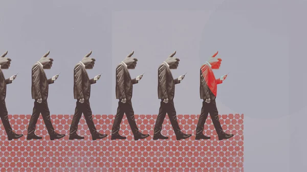 Distracted conformist people with thumbs up in place of their head, they are staring at smartphone screen and walking in line: social media addiction concept, vintage collage design
