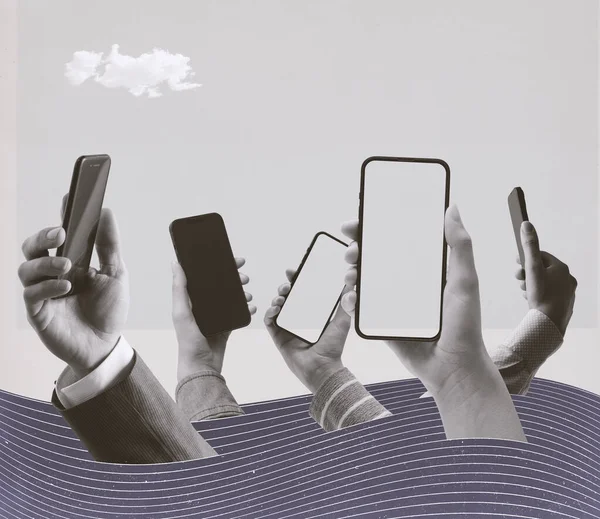 Many Social Media Users Connecting Online Hands Holding Smartphones Vintage — Stok fotoğraf