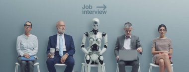 Business people and humanoid AI robot sitting and waiting for a job interview: AI vs human competition