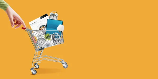 Woman Pushing Small Shopping Cart Full Household Goods Appliances Electronics — Stok fotoğraf