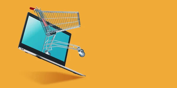 Shopping Cart Coming Out Laptop Screen Online Shopping Website Banner — Zdjęcie stockowe