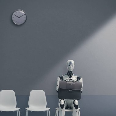 Bir sandalyede oturan ve iş görüşmesi, yapay zeka ve yenilik konseptini bekleyen gelecekçi android robot.