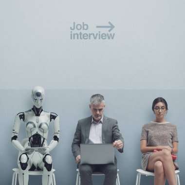 Business people and humanoid AI robot sitting and waiting for a job interview: AI vs human competition
