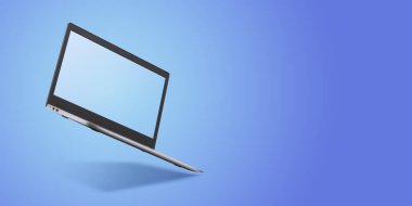 Boş ekran, teknoloji ve elektronik konsepti ile uçan dizüstü bilgisayar
