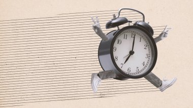 İnsan kolları ve bacakları hızlı çalışan neşeli çalar saat, teslim tarihi konsepti, klasik tarz kolaj