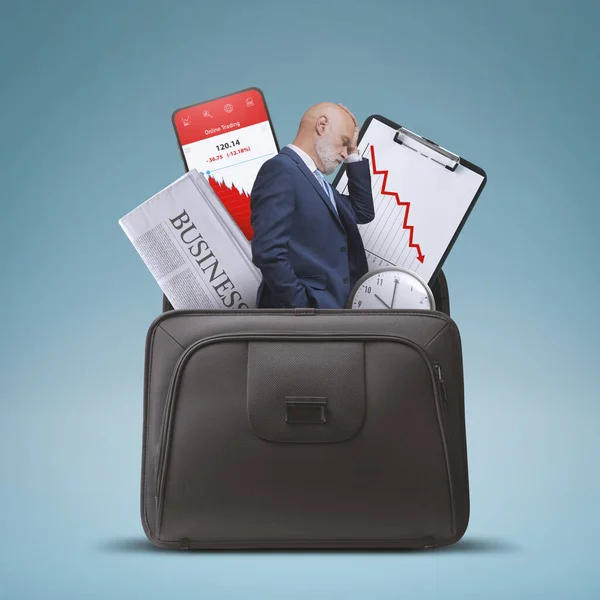 Stressed Sad Businessman Financial Graphs Showing Loss Briefcase Financial Failure — Stockfoto