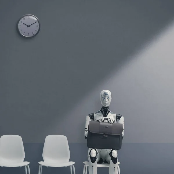 Футуристический Робот Андроид Сидит Стуле Ждет Собеседования Инновационной Концепции — стоковое фото
