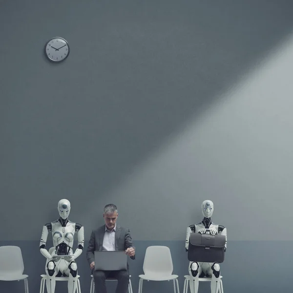 Man and AI robots waiting for a job interview in a corporate office, recruitment and work concept