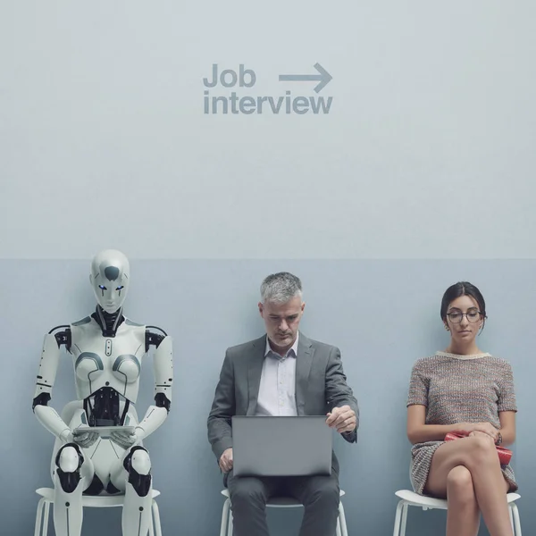 Business People Humanoid Robot Sitting Waiting Job Interview Human Competition — Stockfoto