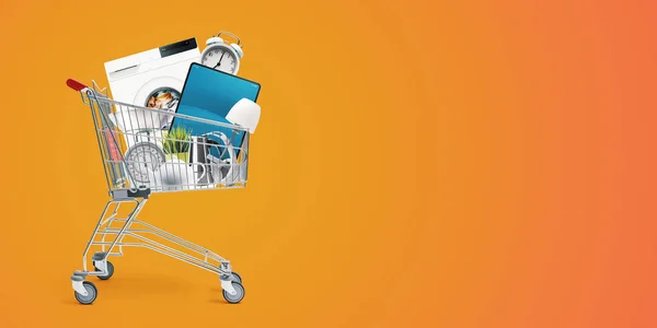 Shopping Cart Full Home Stuff Appliances Electronics Sales Retail Concept — Stok Foto