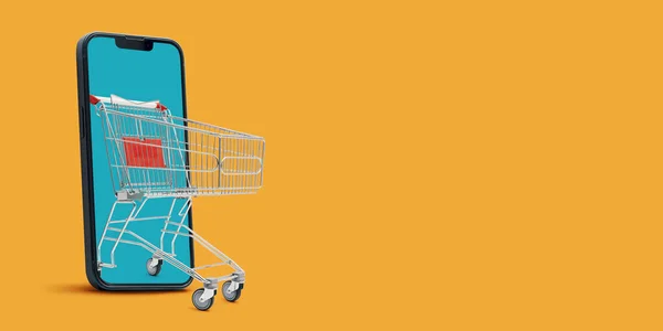 Shopping Cart Coming Out Smartphone Screen Online Shopping App — Stock Photo, Image