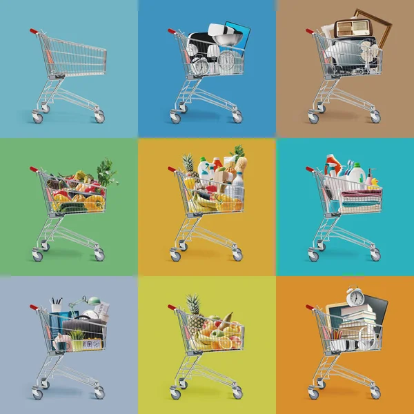 Kolaż Wózków Sklepowych Wypełnionych Różnymi Rodzajami Produktów Sprzedaż Koncepcja Sprzedaży — Zdjęcie stockowe