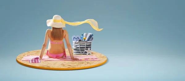 Young Beautiful Woman Wearing Bikini Lying Beach She Sunbathing Relaxing — Stock Photo, Image
