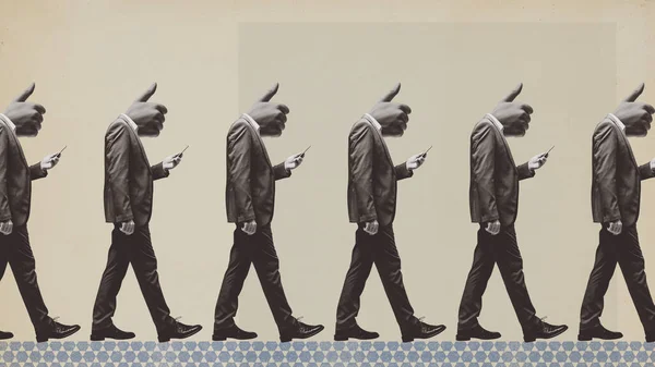 Distracted Conformist People Thumbs Place Head Staring Smartphone Screen Walking — Stok fotoğraf