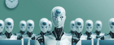 Ofiste masa başında oturan ve bilgisayarlarla çalışan pek çok benzer yapay zeka robotu, bir robot kameraya bakıyor: yapay zeka ve iş gücü üzerindeki robotizasyon etkileri