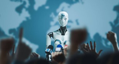 Uluslararası basın toplantısında konuşan Android AI robotu ve neşeli insanlar ellerini kaldırıyor