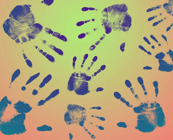 stock image Many hand prints on multicolor background, togetherness and solidarity concept