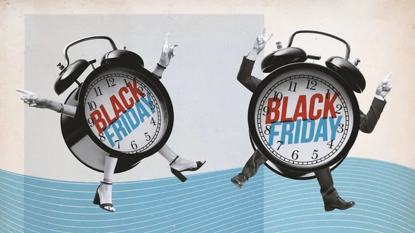 Komik Çalar Saat Karakterleri Klasik Tarz Kolajlı Kara Cuma Reklamı — Stok fotoğraf