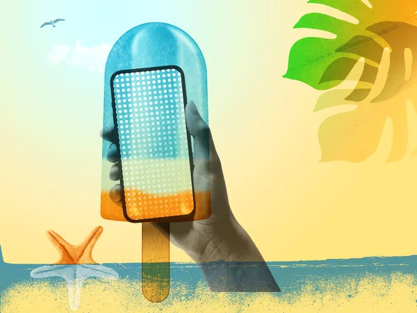 Yaz Tatilleri Klasik Kolaj Posteri Akıllı Telefon Büyük Buzlu Şeker — Stok fotoğraf