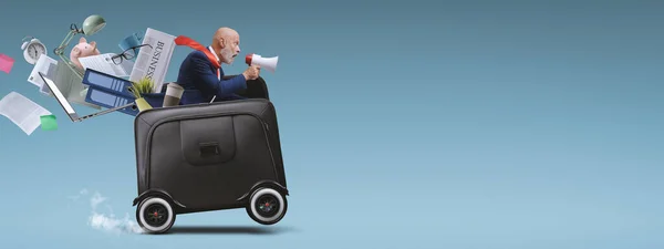Businessman Megaphone Riding Briefcase Wheels Shouting — 스톡 사진