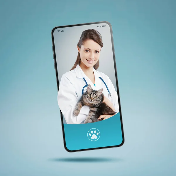 온라인 수의사 서비스 스마트폰 화면에 수의사 미소짓기 그녀는 고양이 온라인 — 스톡 사진