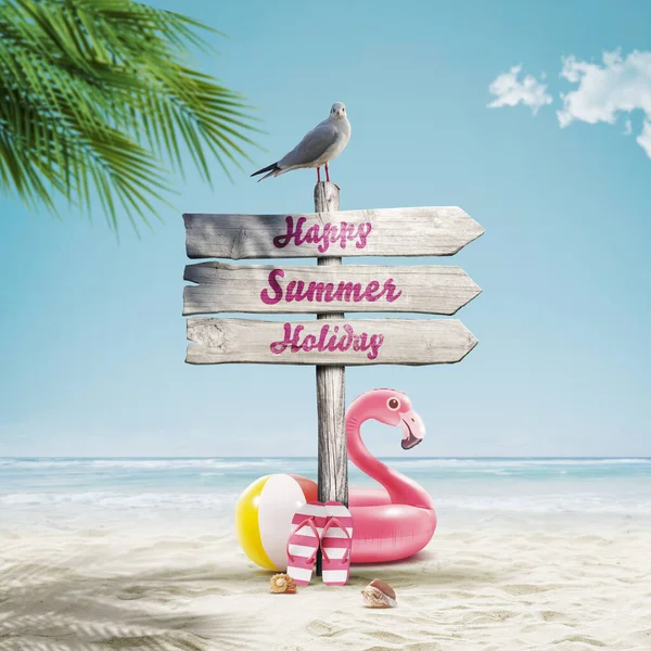 Γλάρος Και Παλιά Ξύλινη Πινακίδα Στην Παραλία Καλές Καλοκαιρινές Διακοπές — Φωτογραφία Αρχείου