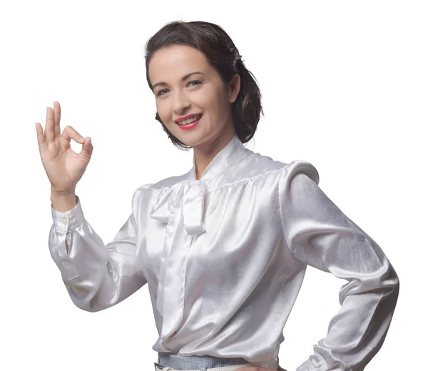 Attractive Vintage Woman Giving Sign Smiling — Stock Photo, Image