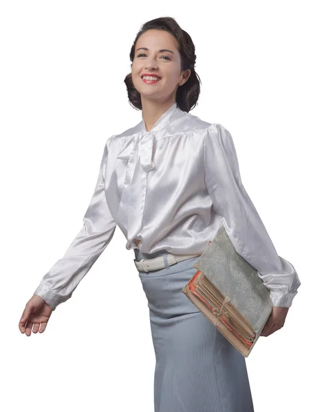1950S Style Secretary Holding Folder Documents Paperwork — Stock Photo, Image