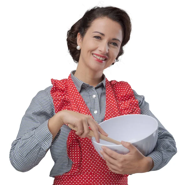 Kobiece Rocznika Gotować Mieszając Składniki Misce Uśmiechając Się — Zdjęcie stockowe