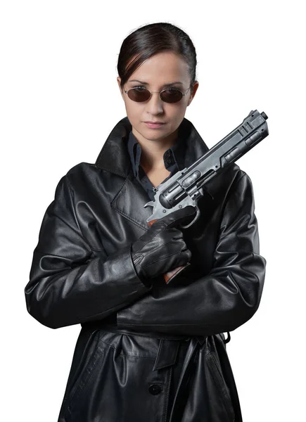 Atrakcyjna Kobieta Agenta Czarny Skórzany Płaszcz Okulary Trzyma Broń — Zdjęcie stockowe