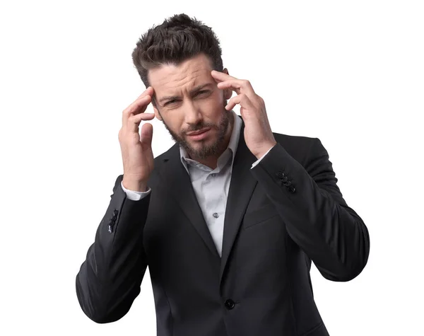 Trauriger Geschäftsmann Mit Stirnrunzeln Und Kopfschmerzen Auf Weißem Hintergrund — Stockfoto