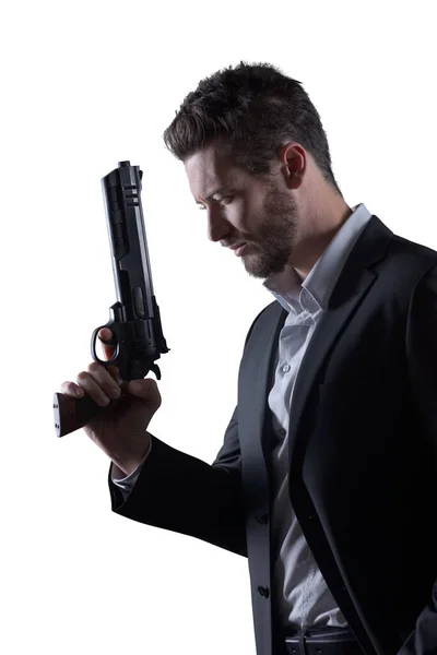 Statečný Cool Muž Drží Nebezpečnou Zbraň Bílém Pozadí — Stock fotografie