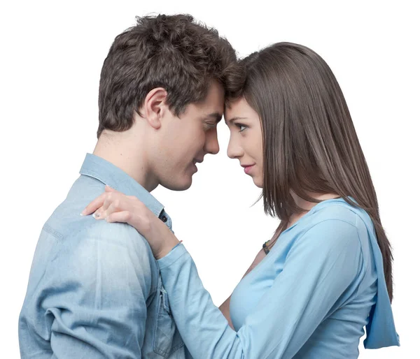 Romantic Happy Couple Touching Foreheads Staring Each Other Eyes — Stock Photo, Image
